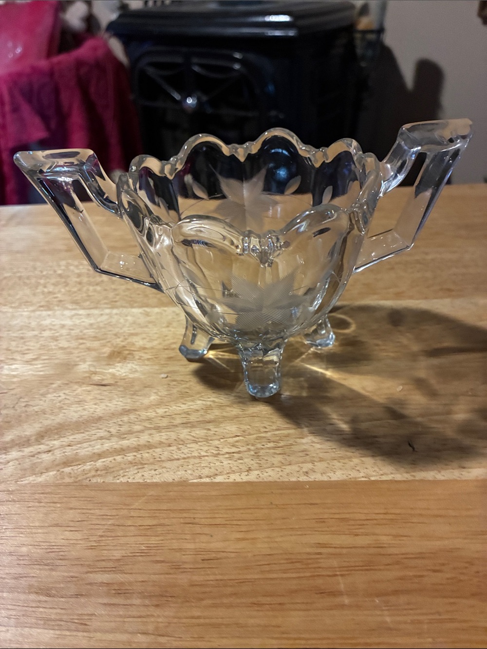 Clear Vintage Pressed Footed Glass Sugar Bowl w/Handles & Etching